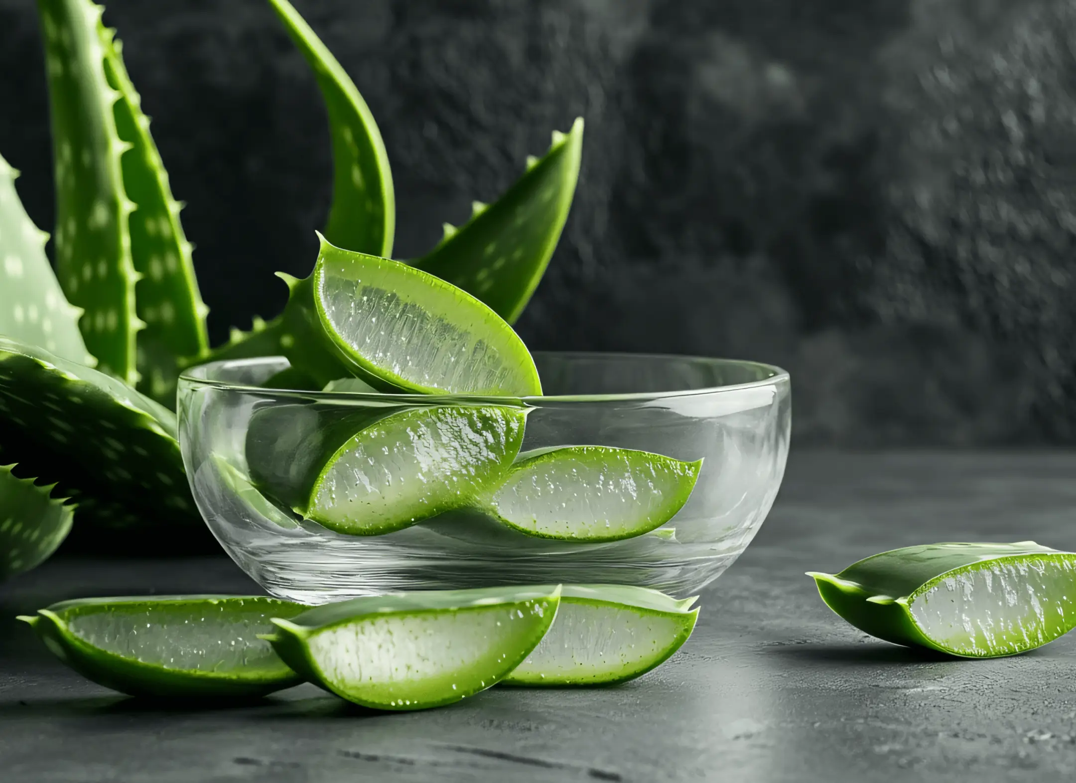 Fresh cut aloe vera leaves in a glass bowl